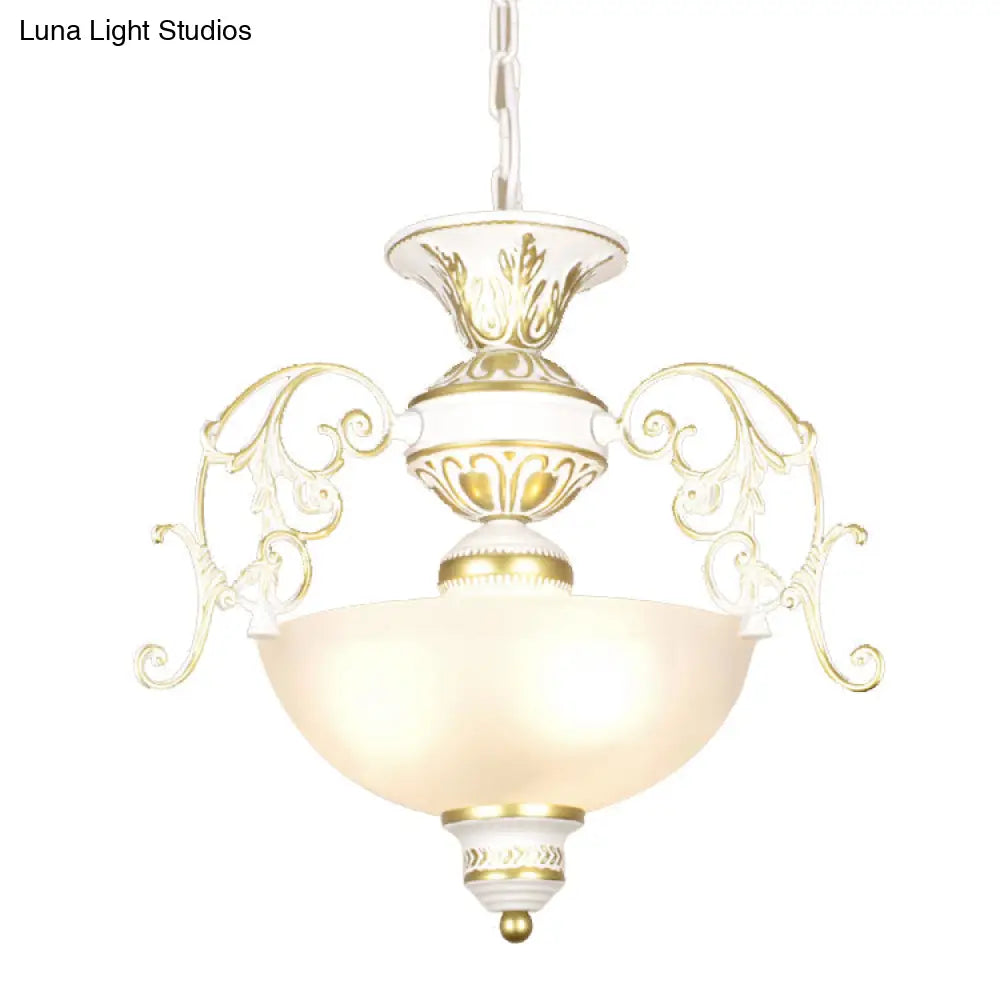 Traditional White/Black Frosted Glass Chandelier Light - 3 Bulbs Bowl Ceiling Fixture For Corridor