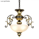 Traditional White/Black Frosted Glass Chandelier Light - 3 Bulbs Bowl Ceiling Fixture For Corridor
