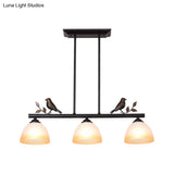 Traditional White Glass Barrel Pendant Light With Birds - 3-Light Black Dining Room Island Fixture
