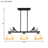 Traditional White Glass Barrel Pendant Light With Birds - 3-Light Black Dining Room Island Fixture