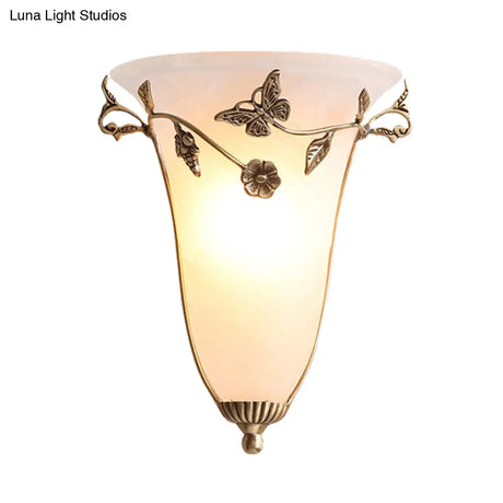 Traditional White Glass Bell Wall Lamp With Brass Sconce - Butterfly And Flower Design