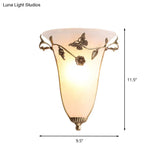 Traditional White Glass Bell Wall Lamp With Brass Sconce - Butterfly And Flower Design
