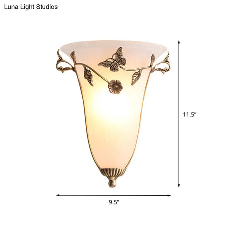 Traditional White Glass Bell Wall Lamp With Brass Sconce - Butterfly And Flower Design