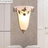 Traditional White Glass Bell Wall Lamp With Brass Sconce - Butterfly And Flower Design