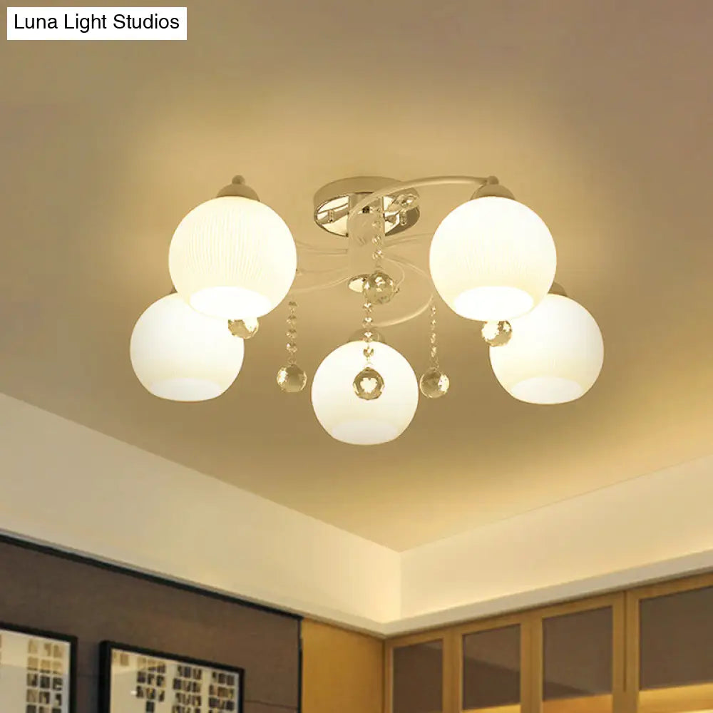 Traditional White Glass Ceiling Lamp With Crystal Draping - 3/5 Head Flush Mount