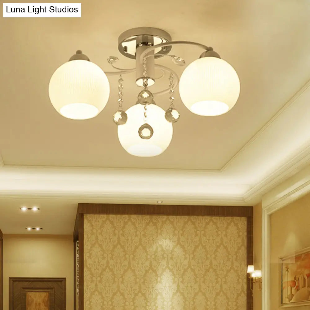 Traditional White Glass Ceiling Lamp With Crystal Draping - 3/5 Head Flush Mount