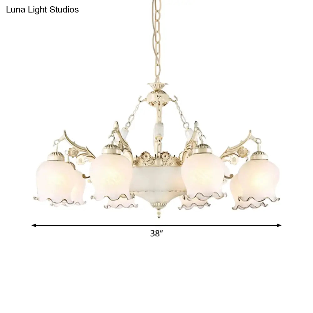 Traditional White Glass Chandelier - Flower Bud Design | Dining Room Drop Lamp 11 Lights