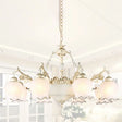 Traditional White Glass Chandelier - Flower Bud Design | Dining Room Drop Lamp 11 Lights