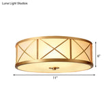 Traditional White Glass Drum Dining Room Flushmount Light With Brass Accent 4 Lights 11’/14’/18’ W