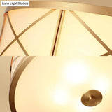 Traditional White Glass Drum Dining Room Flushmount Light With Brass Accent 4 Lights 11’/14’/18’ W