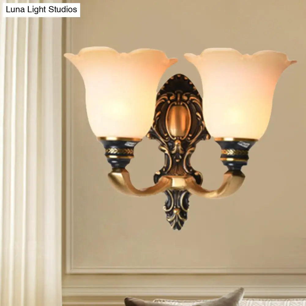 Traditional White Glass Floral Wall Sconce Light - Brass 1/2-Light Bedroom Lamp With Curvy Metal Arm