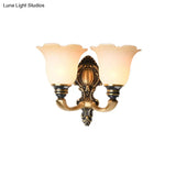 Traditional White Glass Floral Wall Sconce Light - Brass 1/2-Light Bedroom Lamp With Curvy Metal Arm