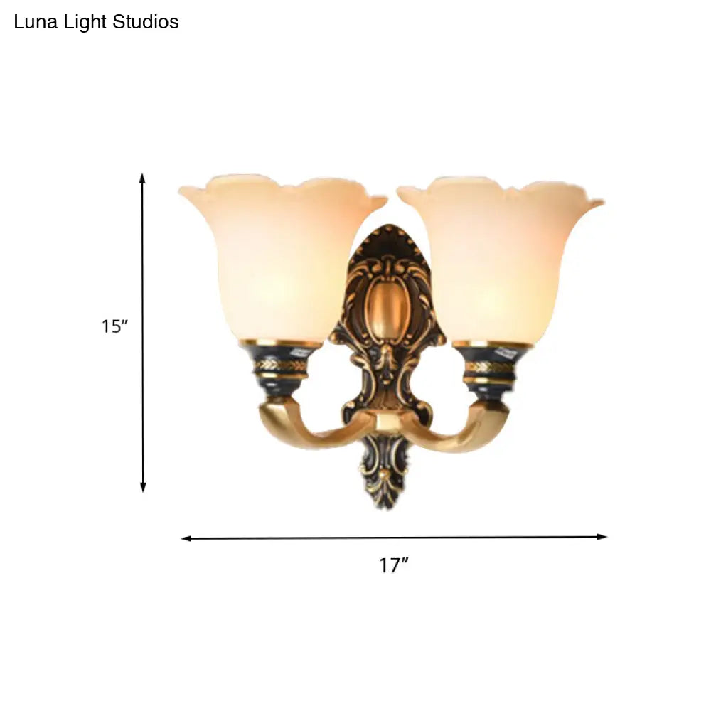 Traditional White Glass Floral Wall Sconce Light - Brass 1/2-Light Bedroom Lamp With Curvy Metal Arm
