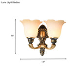 Traditional White Glass Floral Wall Sconce Light - Brass 1/2-Light Bedroom Lamp With Curvy Metal Arm