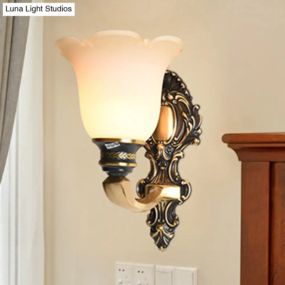 Traditional White Glass Floral Wall Sconce Light - Brass 1/2-Light Bedroom Lamp With Curvy Metal Arm