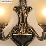 Traditional White Glass Floral Wall Sconce Light - Brass 1/2-Light Bedroom Lamp With Curvy Metal Arm
