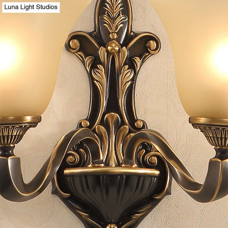 Traditional White Glass Floral Wall Sconce Light - Brass 1/2-Light Bedroom Lamp With Curvy Metal Arm