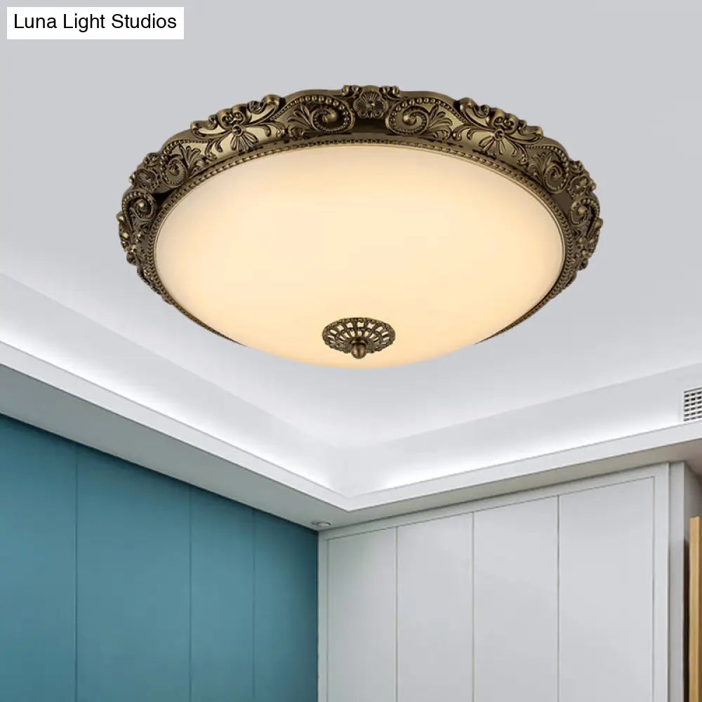 Traditional White Glass Led Bedroom Ceiling Lamp - Brass Domed Flush Mount Lighting (12’/16’/19.5’)