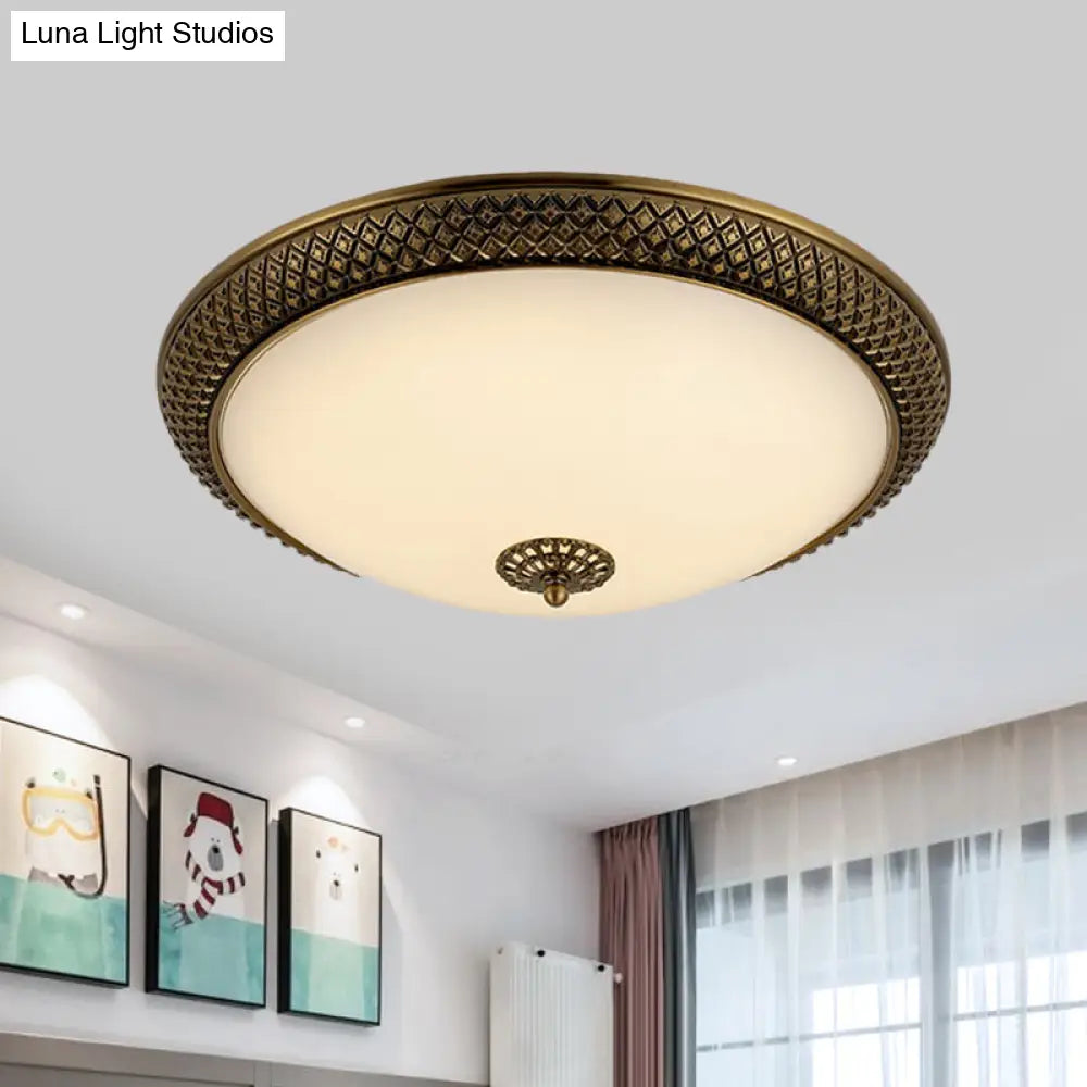 Traditional White Glass Led Bedroom Ceiling Lamp - Brass Domed Flush Mount Lighting (12’/16’/19.5’)