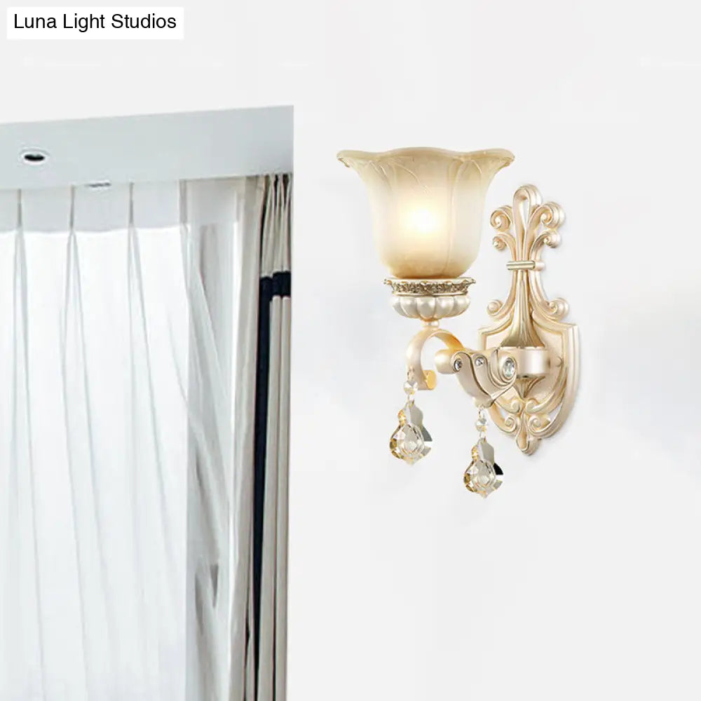 Traditional White Glass Wall Mount Sconce Light With Crystal Drop - 1/2 Lights For Hallways