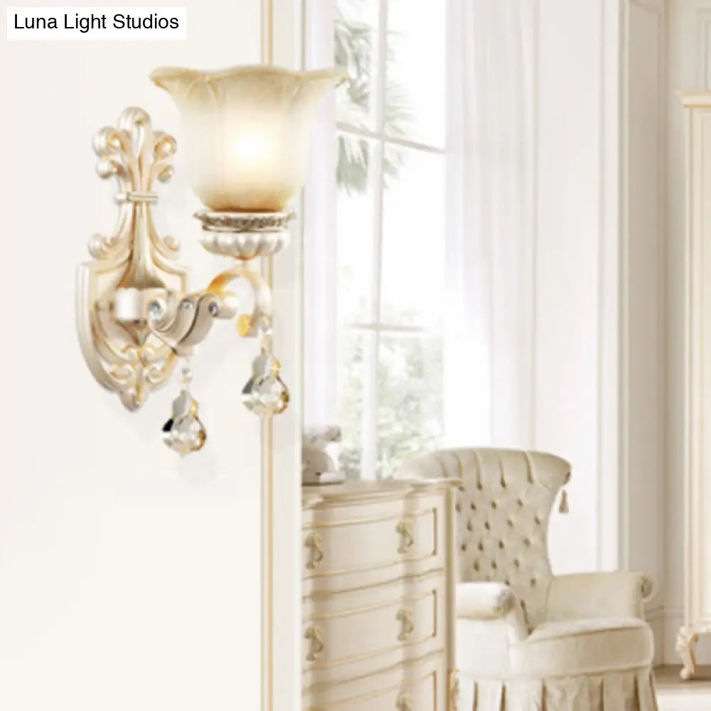 Traditional White Glass Wall Mount Sconce Light With Crystal Drop - 1/2 Lights For Hallways