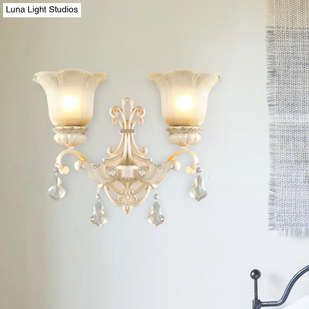 Traditional White Glass Wall Mount Sconce Light With Crystal Drop - 1/2 Lights For Hallways