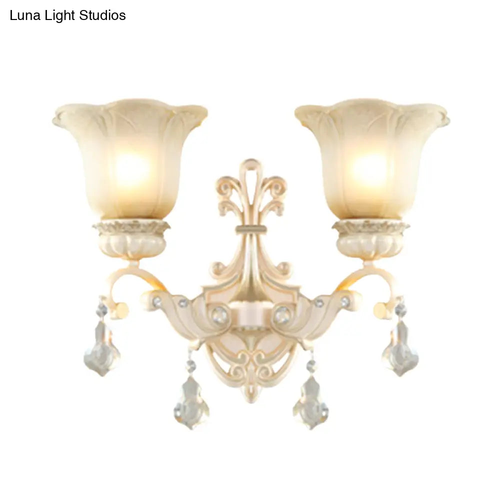 Traditional White Glass Wall Mount Sconce Light With Crystal Drop - 1/2 Lights For Hallways