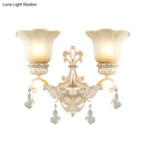 Traditional White Glass Wall Mount Sconce Light With Crystal Drop - 1/2 Lights For Hallways