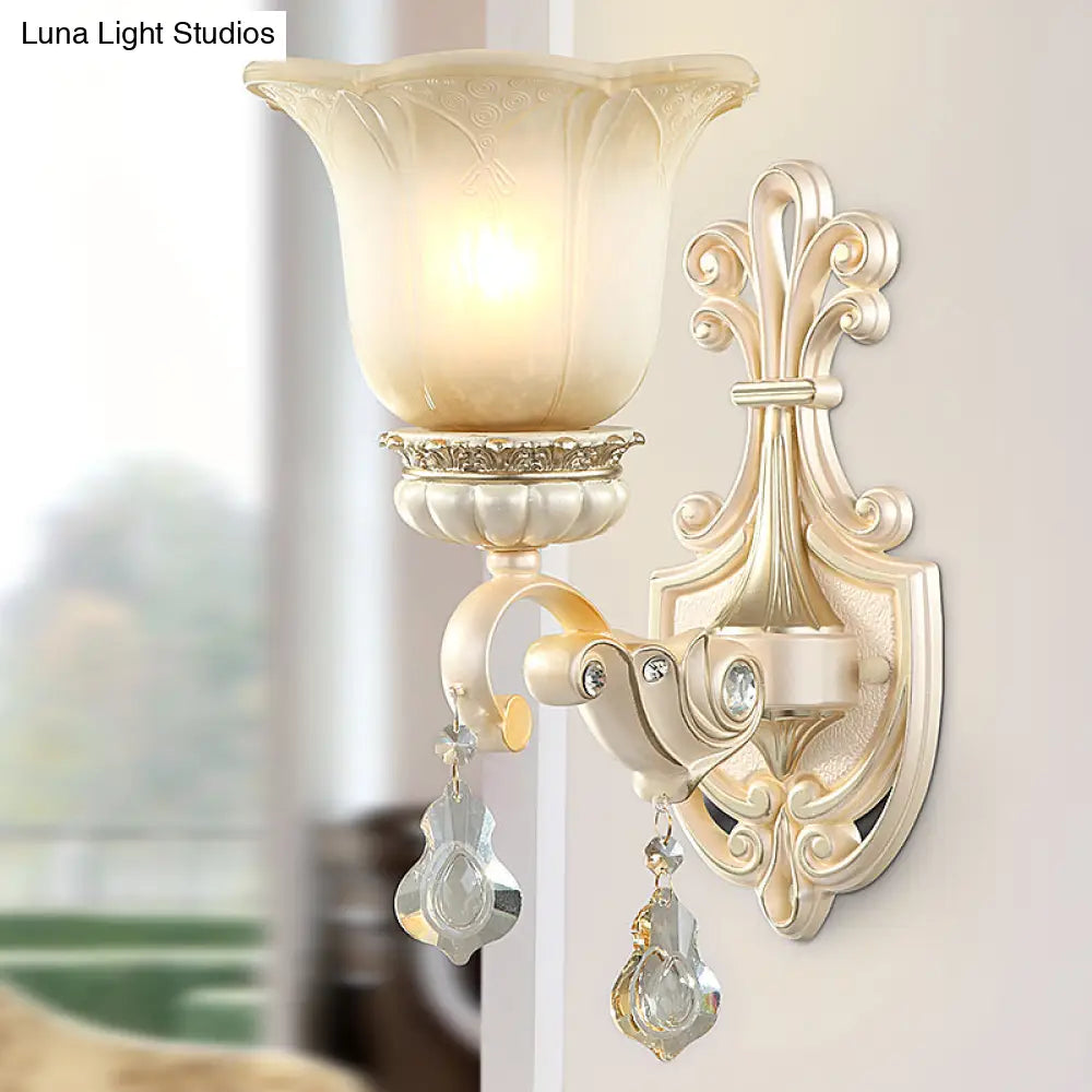 Traditional White Glass Wall Mount Sconce Light With Crystal Drop - 1/2 Lights For Hallways