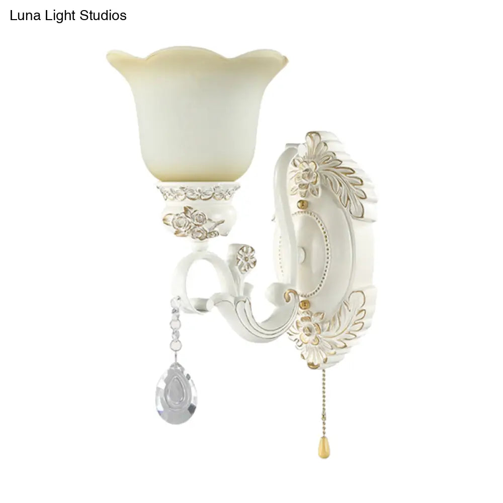 Traditional White Glass Wall Sconce Light With Scalloped Design - 1/2 Lights And Ivory Resin