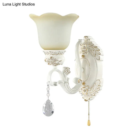 Traditional White Glass Wall Sconce Light With Scalloped Design - 1/2 Lights And Ivory Resin
