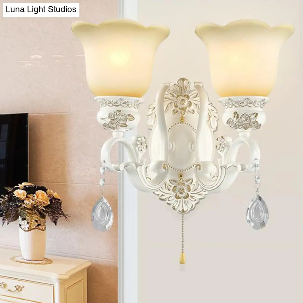 Traditional White Glass Wall Sconce Light With Scalloped Design - 1/2 Lights And Ivory Resin