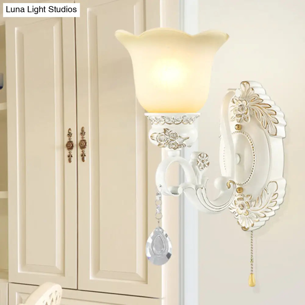 Traditional White Glass Wall Sconce Light With Scalloped Design - 1/2 Lights And Ivory Resin