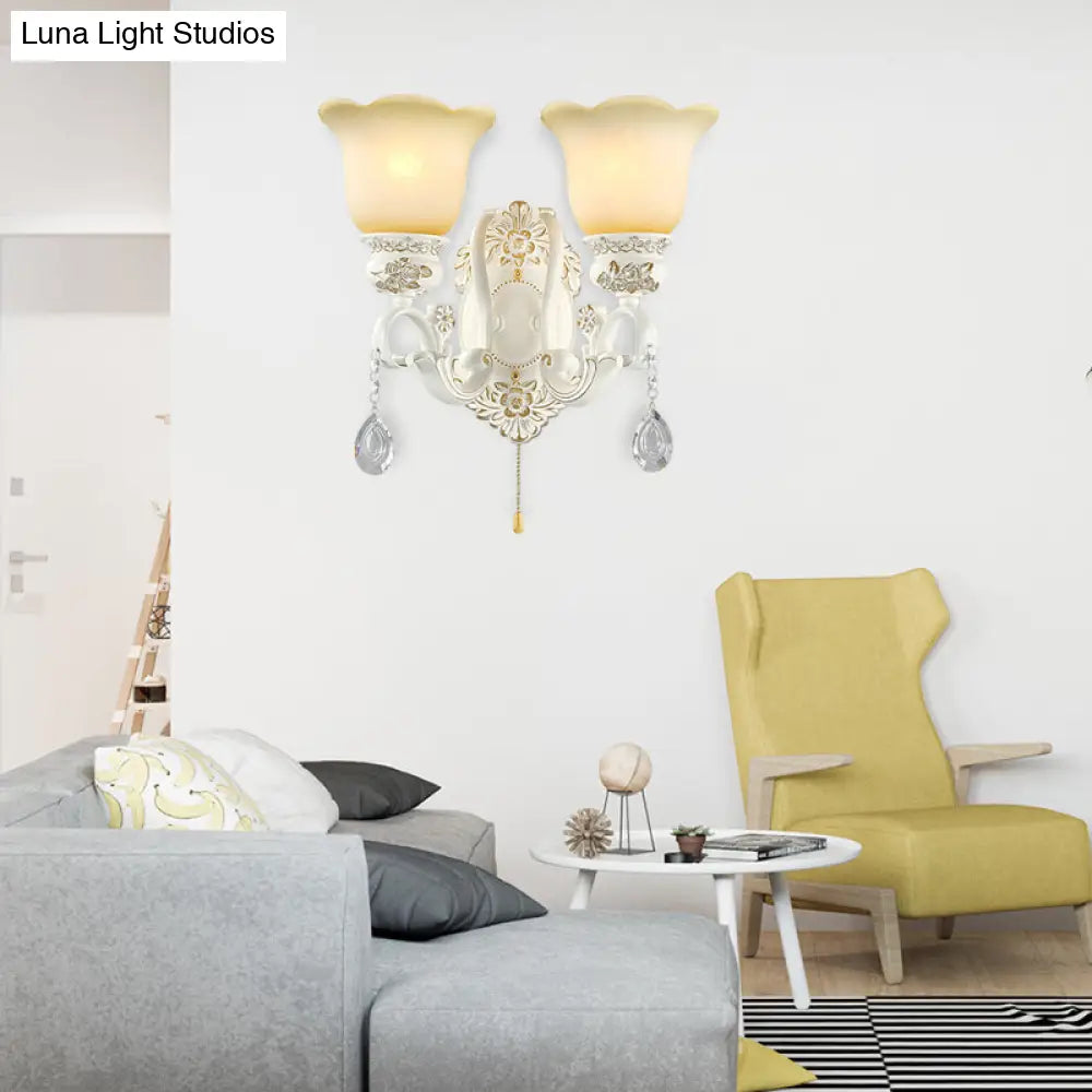 Traditional White Glass Wall Sconce Light With Scalloped Design - 1/2 Lights And Ivory Resin