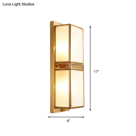 Traditional White Glass Wall Sconce With Brass Rectangle Frame - 1/2 Heads Lighting For Living Room