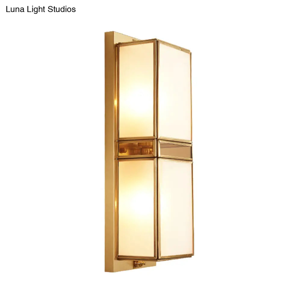 Traditional White Glass Wall Sconce With Brass Rectangle Frame - 1/2 Heads Lighting For Living Room