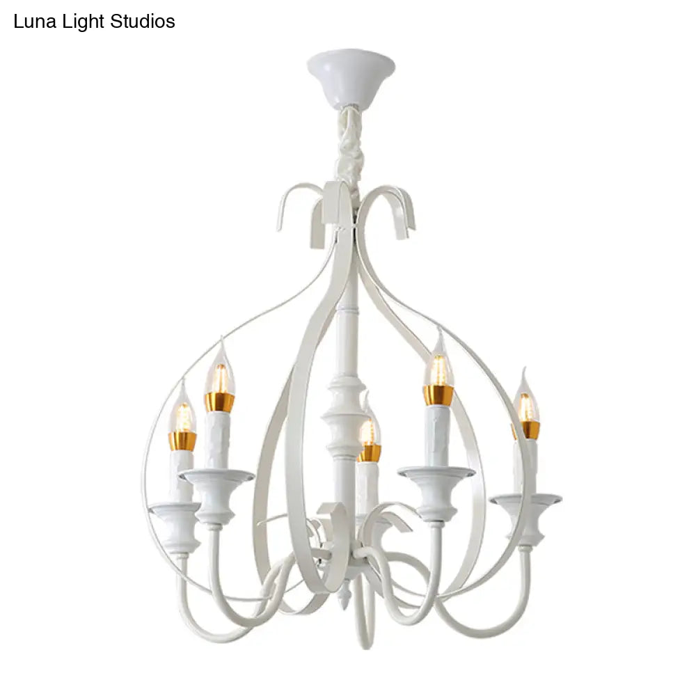 Traditional White Metal Chandelier Light With Swooping Arms 5 Lights For Dining Room Pendant