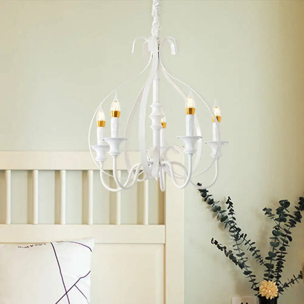 Traditional White Metal Chandelier Light With Swooping Arms 5 Lights For Dining Room Pendant