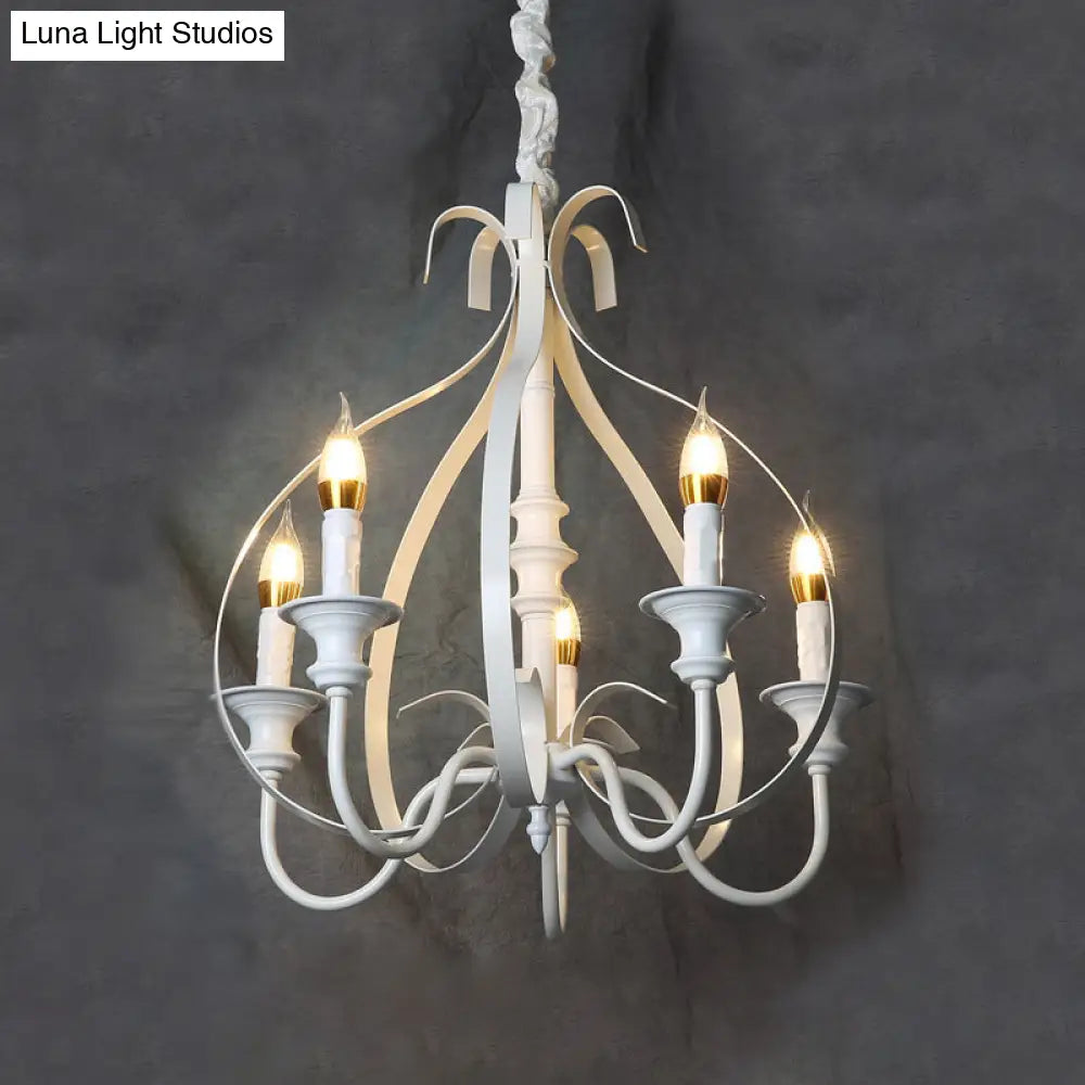 Traditional White Metal Chandelier Light With Swooping Arms 5 Lights For Dining Room Pendant