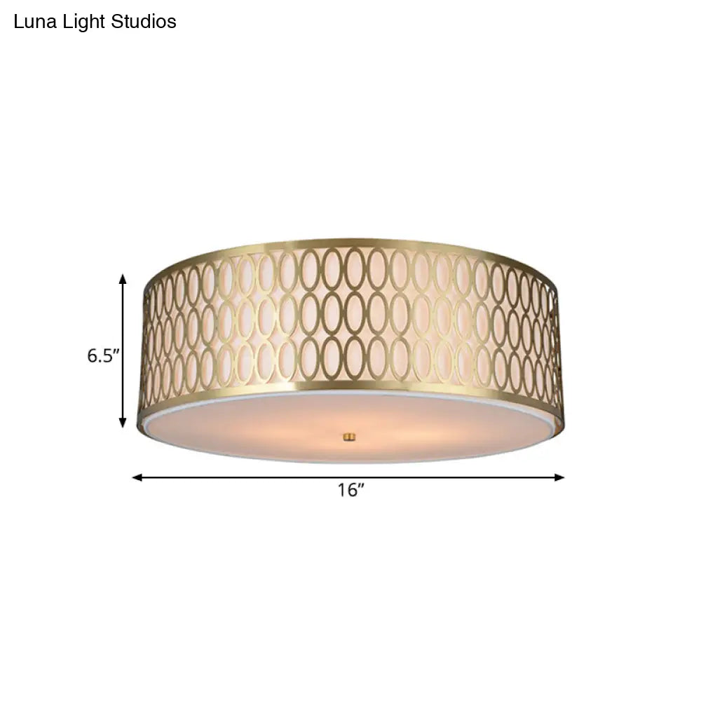 Traditional White Round Ceiling Mounted Lamp With Gold Metal Mesh Frame - 4-Light Fabric Flush