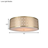 Traditional White Round Ceiling Mounted Lamp With Gold Metal Mesh Frame - 4-Light Fabric Flush