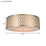 Traditional White Round Ceiling Mounted Lamp With Gold Metal Mesh Frame - 4-Light Fabric Flush