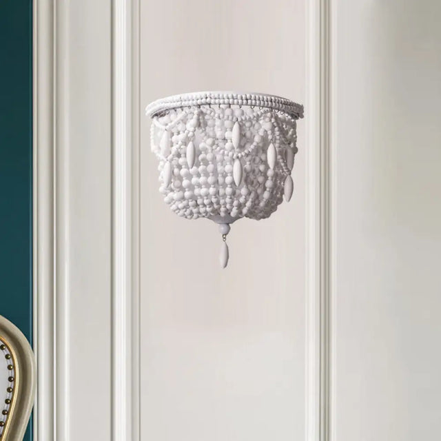 Traditional White Sconce Light Fixture - 1 Bedroom Wall Mount Lighting With Basket Wood Shade