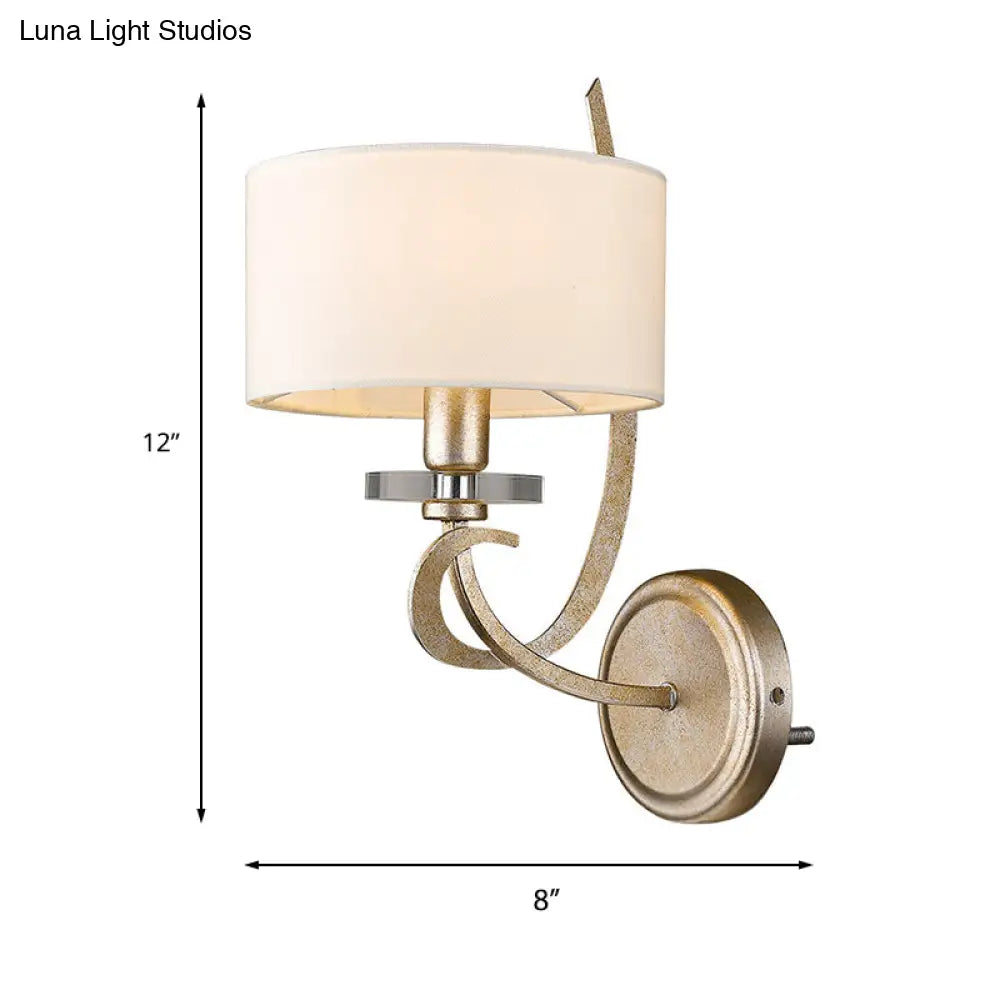 Traditional White Wall Sconce With Fabric Shade - Drum Style