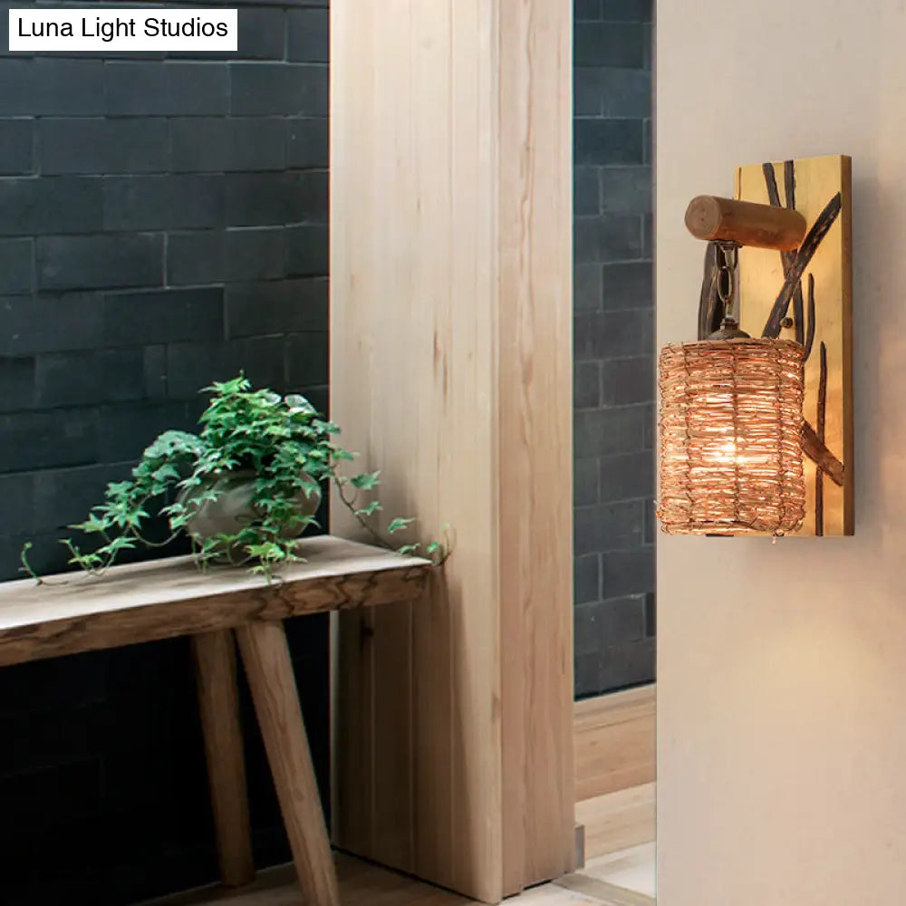 Traditional Wood Cone/Cylinder Wall Lamp - Beige Sconce Light With Rectangle Backplate