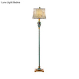 Traditional Wood Floor Lamp: Green Patterned Vase Stand With Bell Fabric Shade