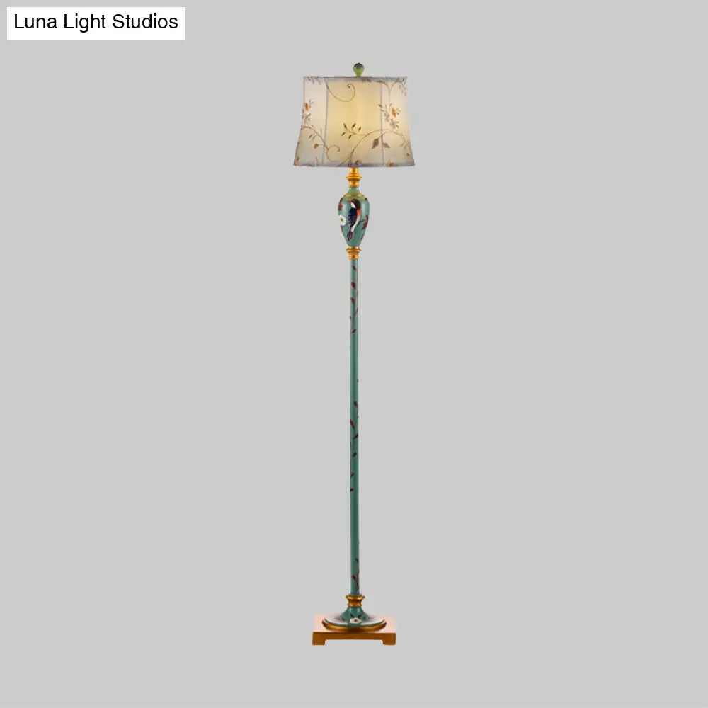 Traditional Wood Floor Lamp: Green Patterned Vase Stand With Bell Fabric Shade