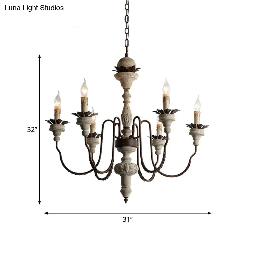 Traditional Wood Pendant Chandelier - 6 Lights Distressed White Living Room Lighting