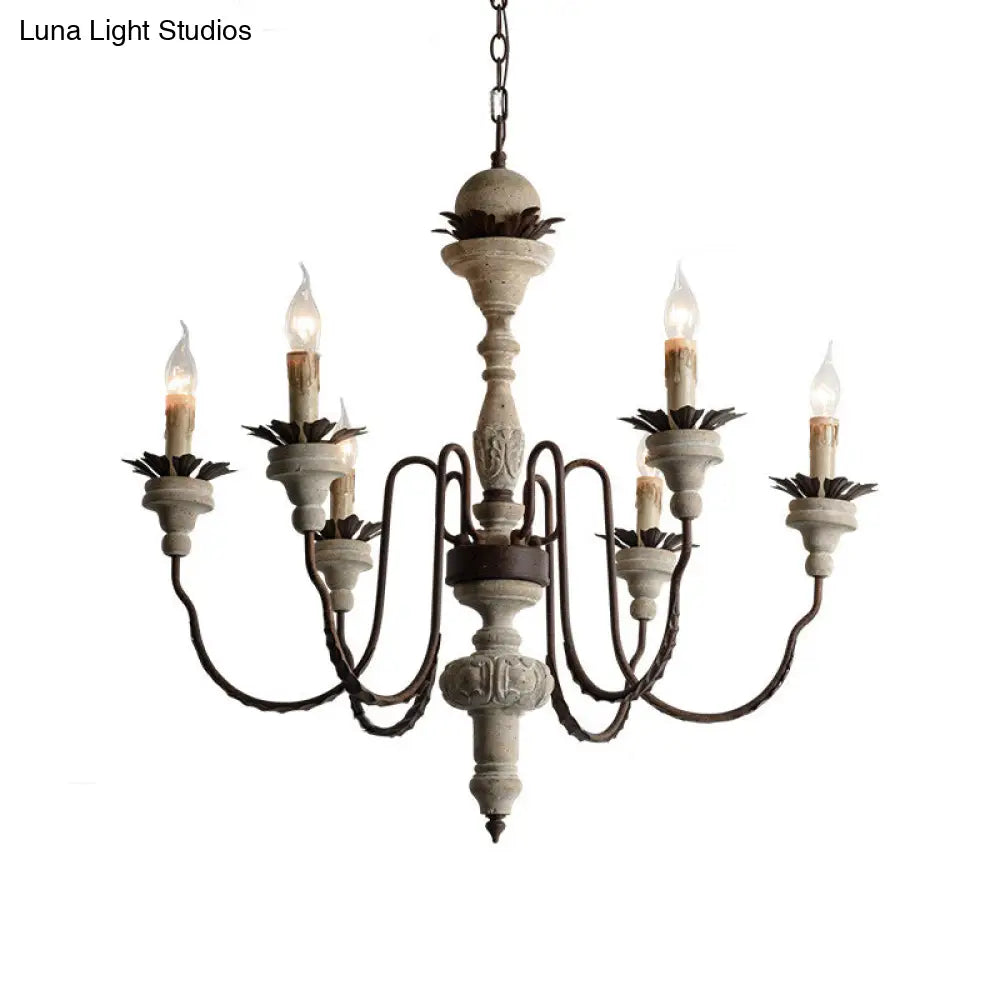 Traditional Wood Pendant Chandelier - 6 Lights Distressed White Living Room Lighting