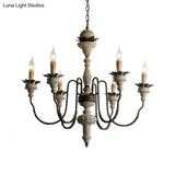 Traditional Wood Pendant Chandelier - 6 Lights Distressed White Living Room Lighting